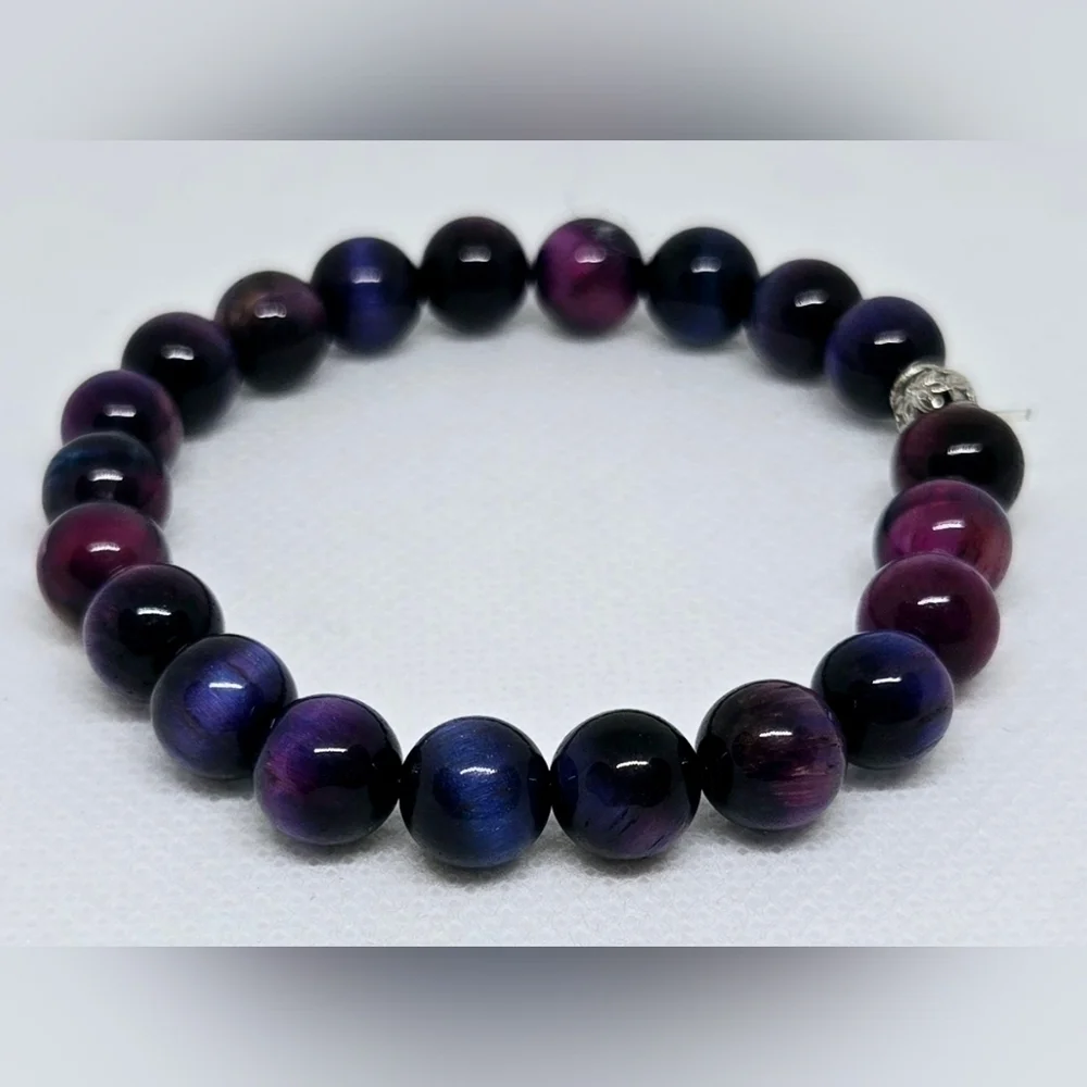Dyed Purple Tiger’s Eye Gemstone Bracelet – High Shine 8mm Beads - Picture 3 of 4